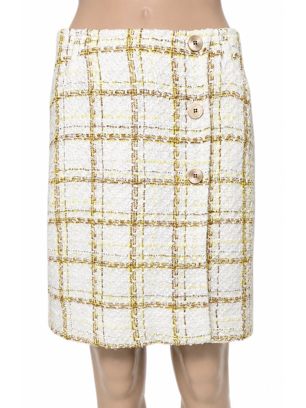 CAbi Size 6 Ivory Tweed Mini Skirt Yellow Gold Plaid Lined Button Accent